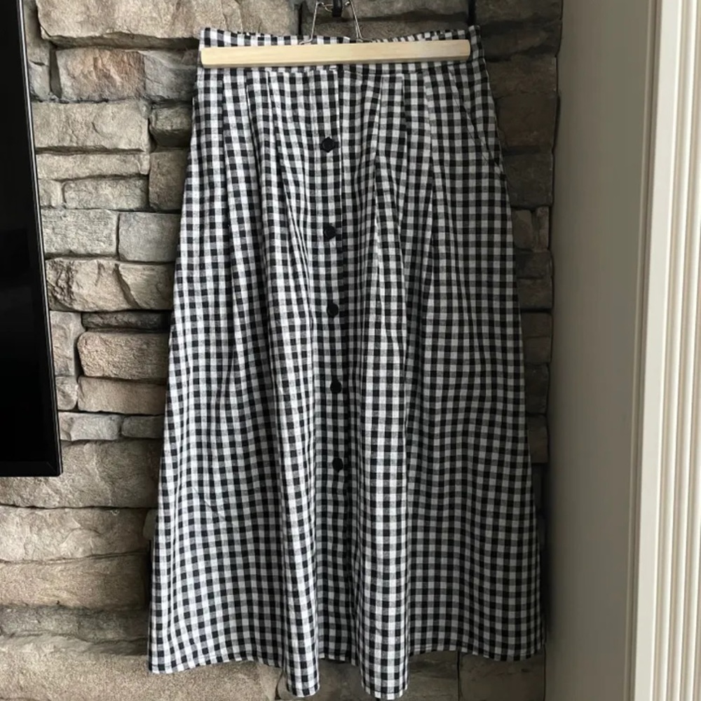 OAK + FORT Black and White Checkered Midi Skirt